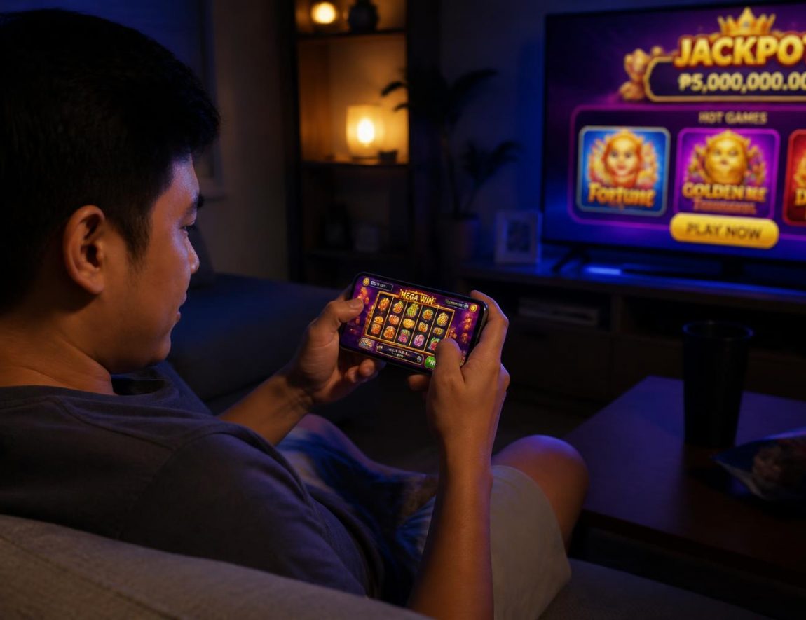 taong naglalaro ng online casino app gamit ang smartphone