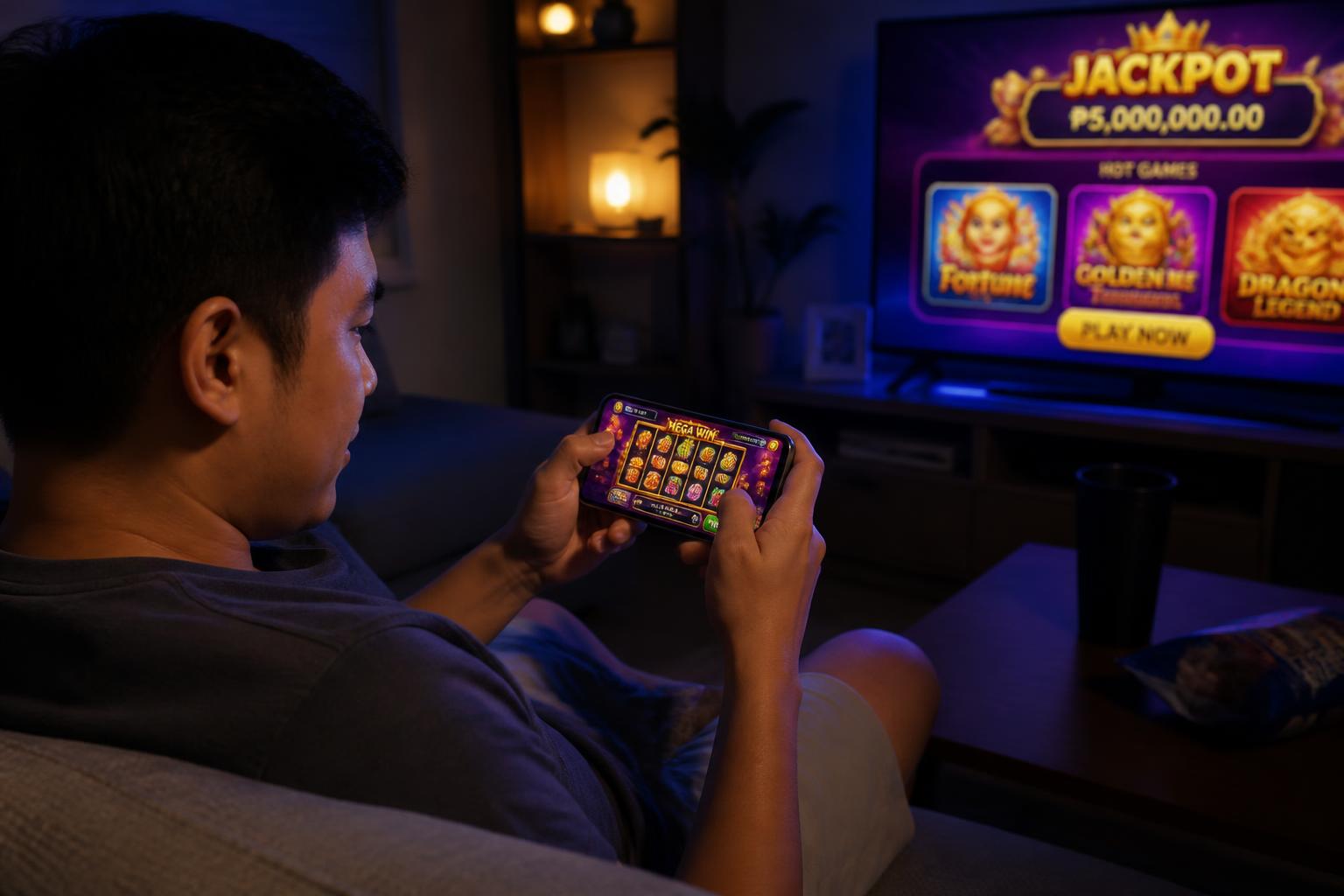 taong naglalaro ng online casino app gamit ang smartphone