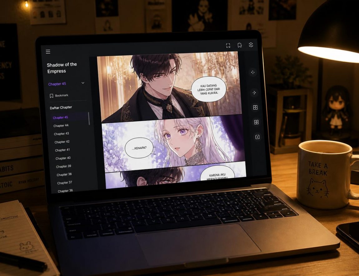 Laptop menampilkan halaman baca manhwa doujin di malam hari