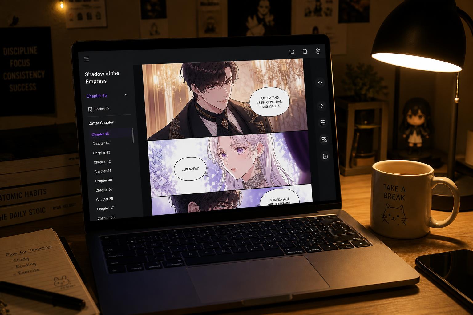 Laptop menampilkan halaman baca manhwa doujin di malam hari