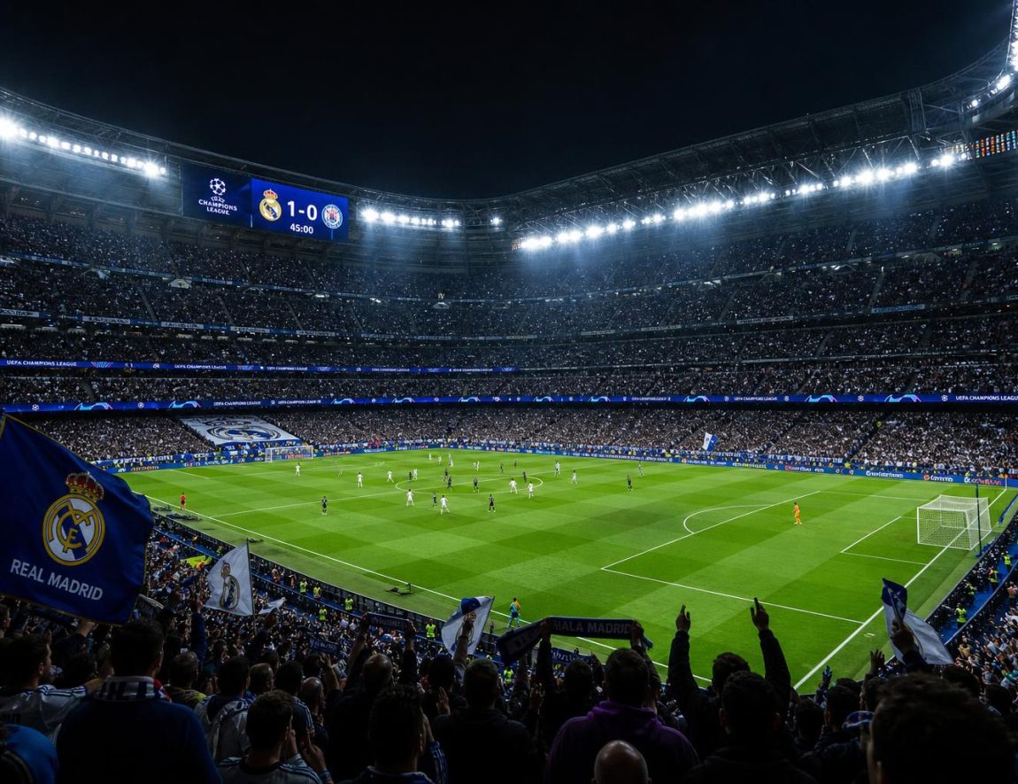 Suasana stadion Liga Champions di malam hari