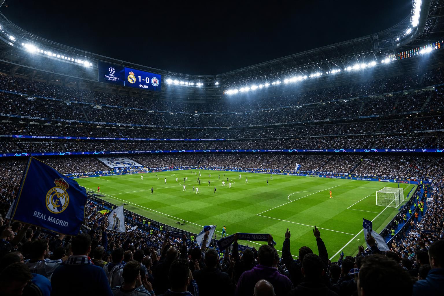 Suasana stadion Liga Champions di malam hari
